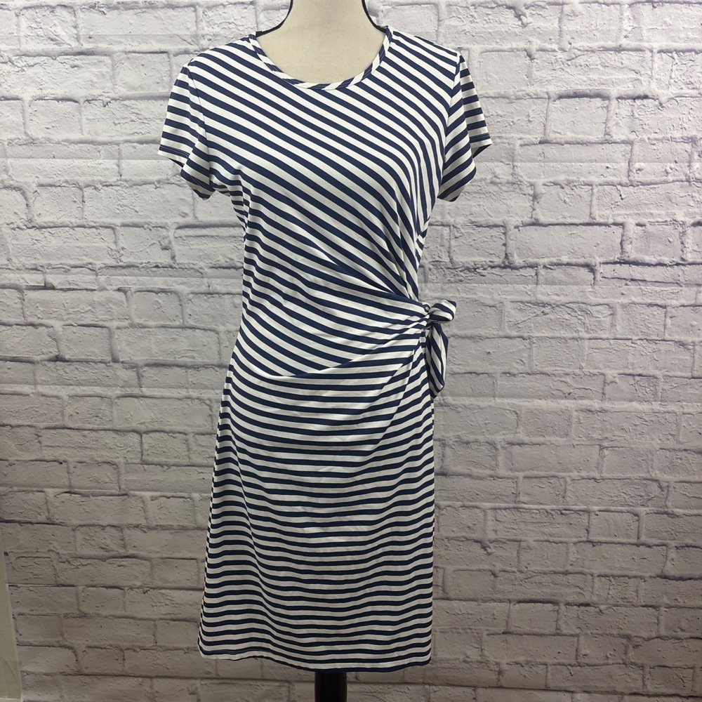 J. McLaughlin M Dress Blue White Stripe Waist‎ Tie Bow Preppy Resortwear Coastal
